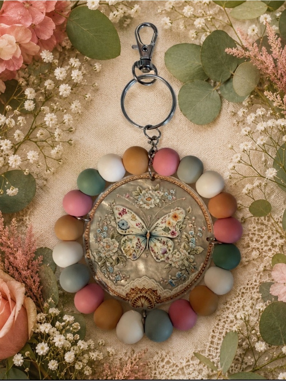 Hand Crafted Pastel Butterfly Beaded Keychain
